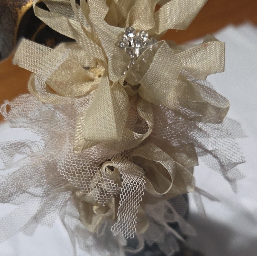 Cream And Pinl Floral Ribbon & Tulle Head Band with Crystal Accent